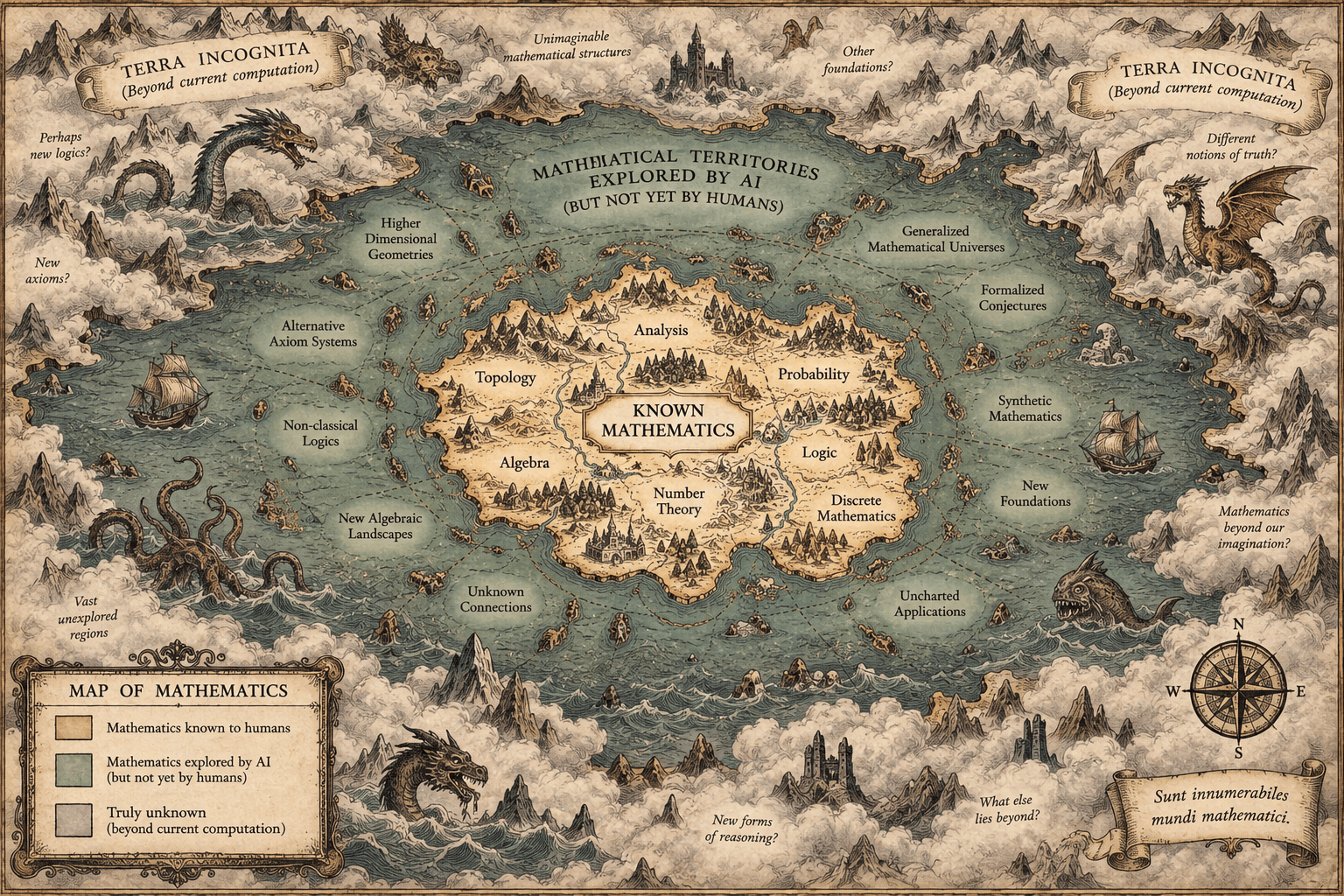 Un mapa imaginario del conocimiento matemático futuro. En el centro, las matemáticas conocidas por humanos; alrededor, un territorio mucho mayor ya explorado y formalizado por IA pero todavía desconocido para nosotros; y, más allá, la verdadera terra incognita: aquello que ni siquiera nuestra capacidad de cómputo ha alcanzado todavía. Hecho con IA, obviamente.